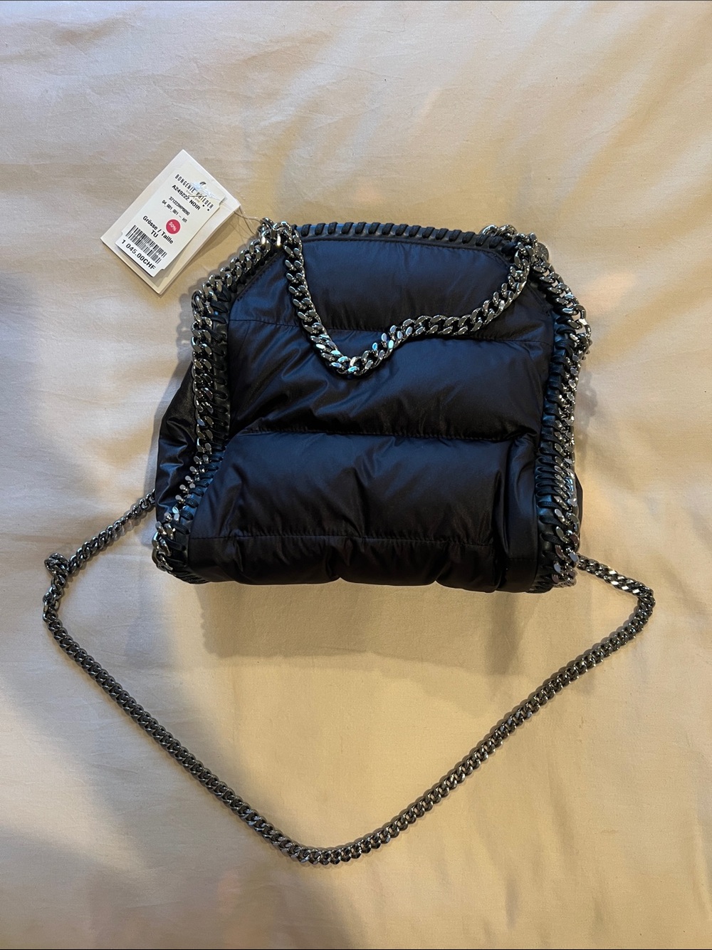 Stella McCartney Black Quilted Puffer Crossbody with Silver Chain